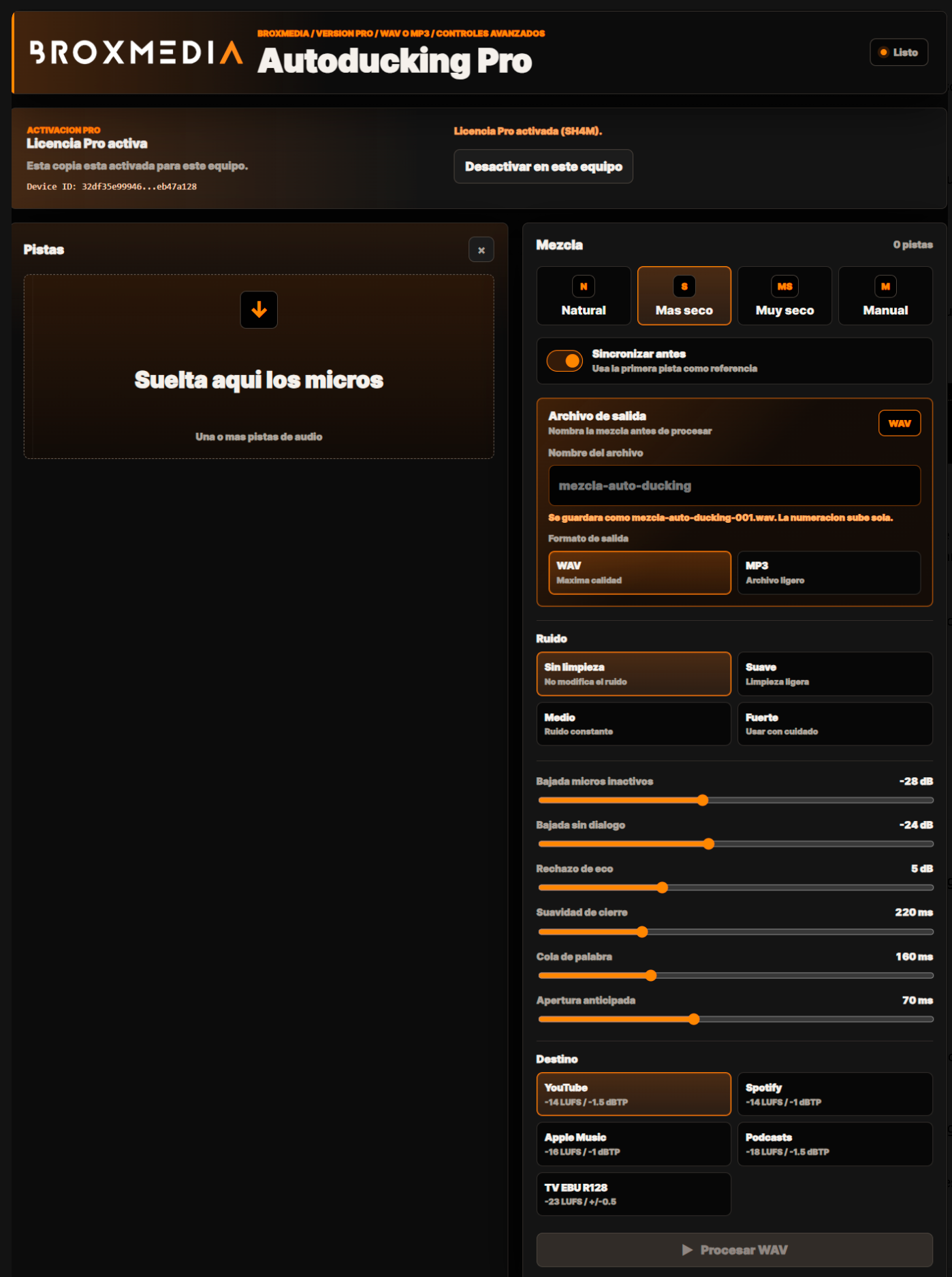 Captura de BROXMEDIA Auto Ducking Pro con licencia activa, mezcla avanzada, controles de ruido, destino y exportacion