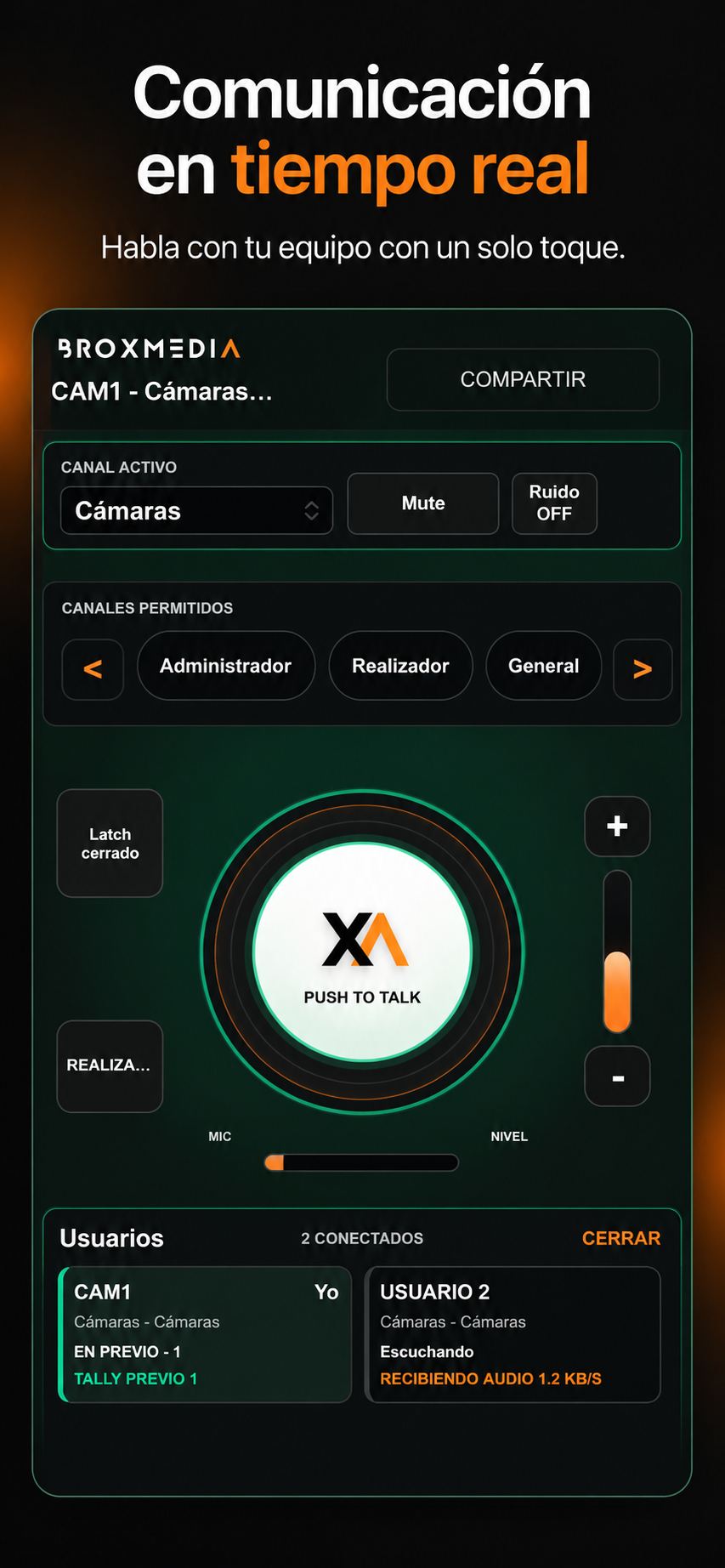 Pantalla de BROXMEDIA Intercom con comunicaci&oacute;n Push to Talk en tiempo real