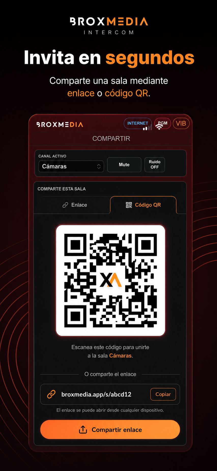 Invitaci&oacute;n a una sala de BROXMEDIA Intercom mediante enlace y c&oacute;digo QR