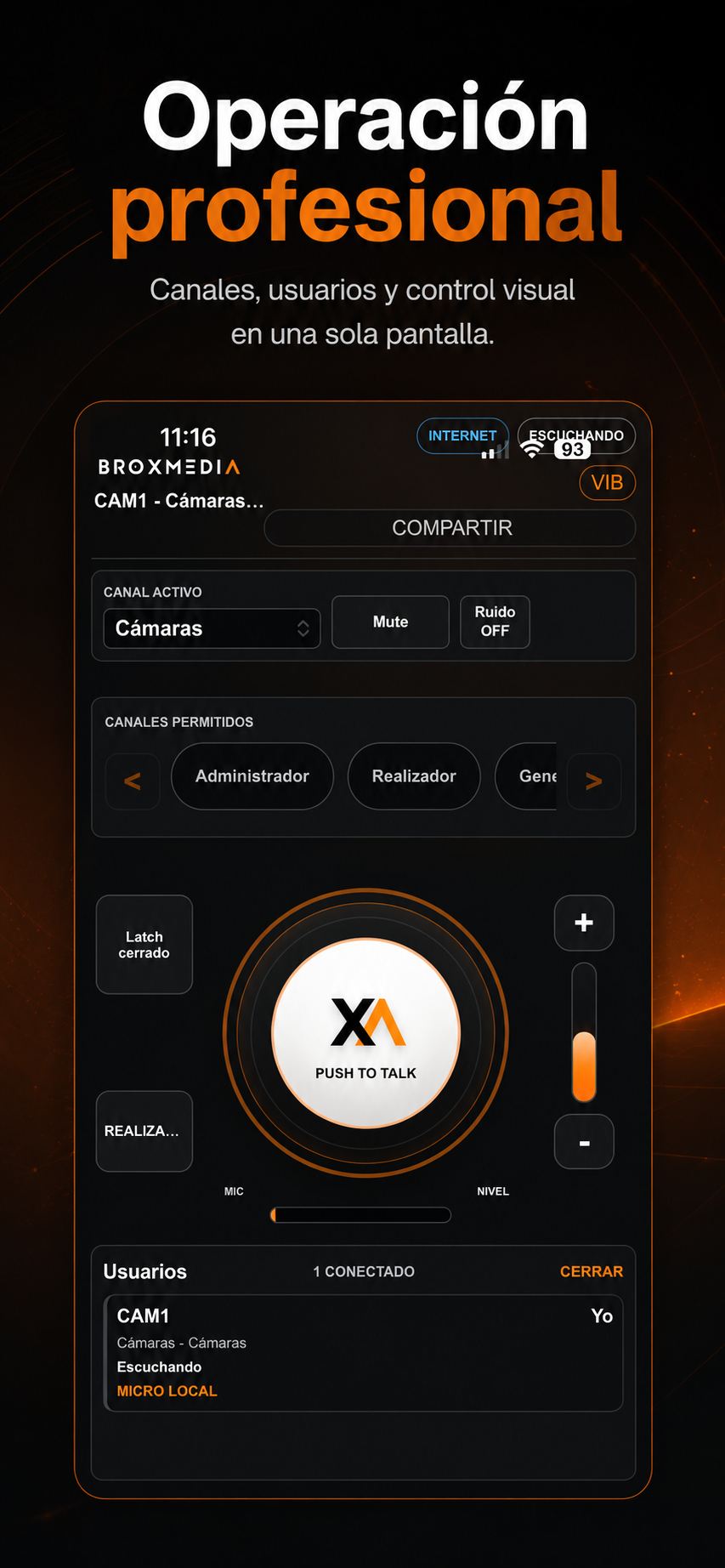 Operaci&oacute;n profesional de BROXMEDIA Intercom con canales y usuarios