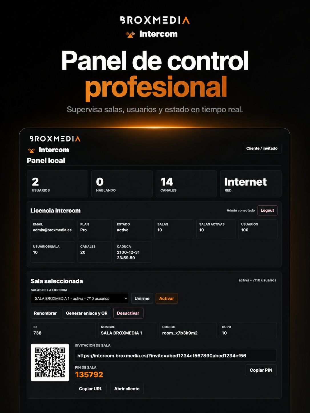 Panel de control de BROXMEDIA Intercom con salas, usuarios y licencia